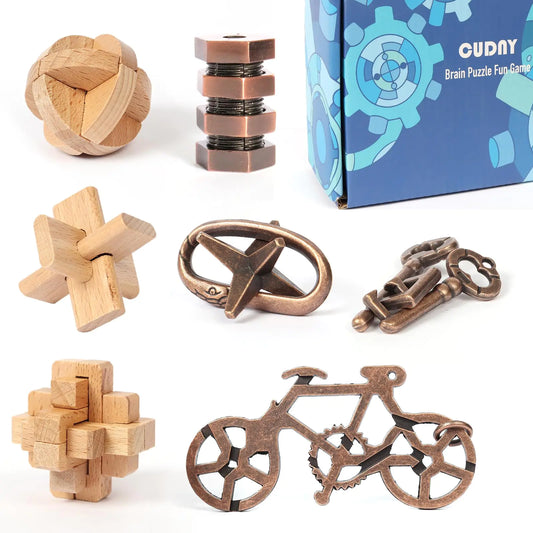 CUDNY 7 Pieces Brain Teaser Puzzles 3D Unlock Interlock Assorted IQ Logic Challenging Puzzle Box